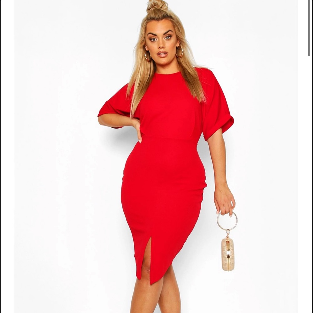 Boohoo plus red wiggle dress